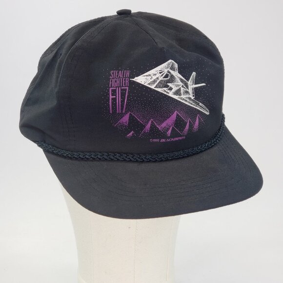 Rare Vintage Blackbird Stealth Fighter F117 Rope SnapBack 1992 Black Hat Cap - Picture 1 of 10